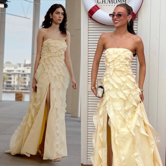 Aje Allaire Strapless Ruffled Shirred Faille Gown Butter Yellow NEW with tag - Picture 8 of 10